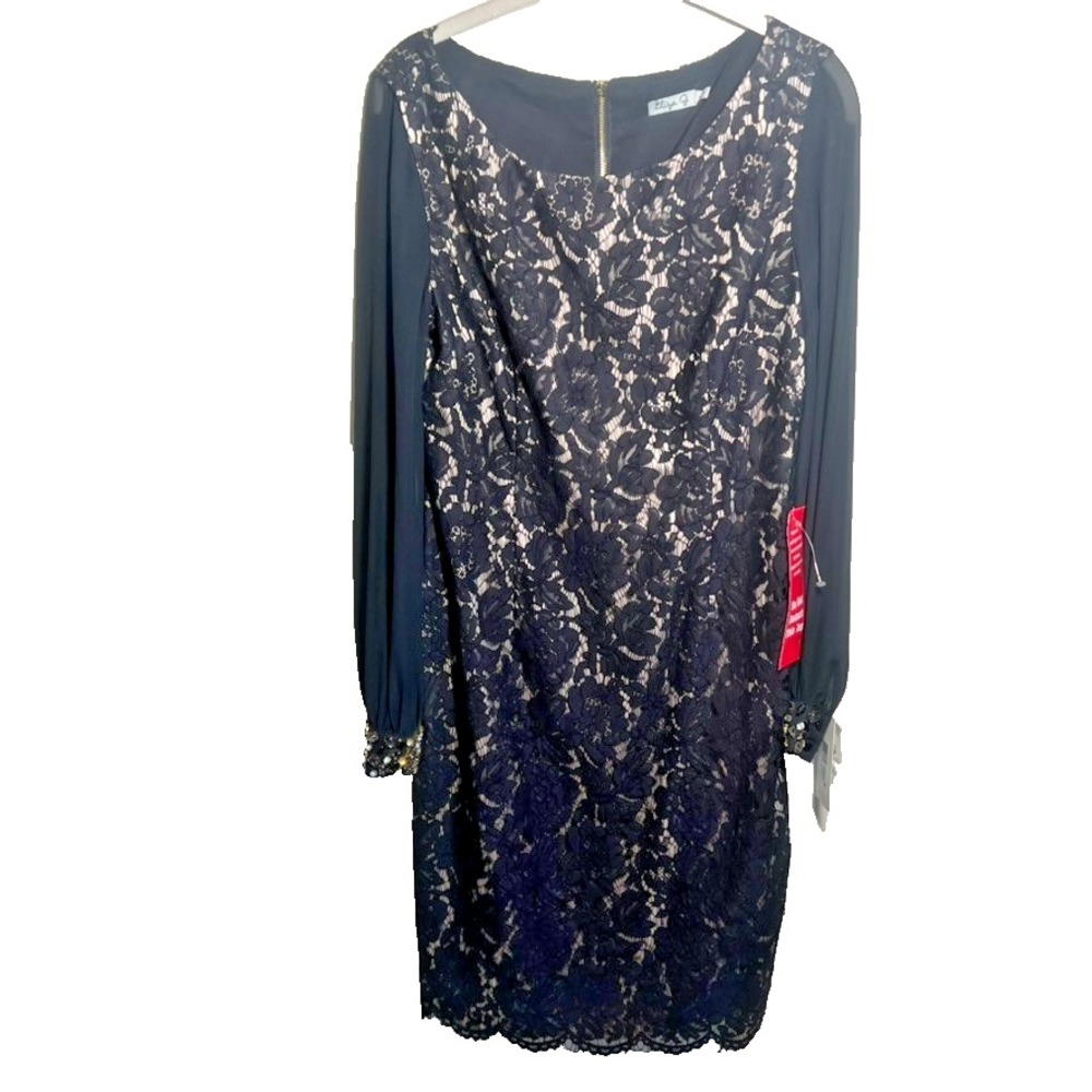 Eliza‎ J Women's Black Tan Floral Lace Sleeve Boatneck Dress Size: 8 Rhinestone - Picture 2 of 9